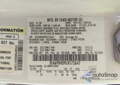 2020 Ford Fusion Se z USA, uszkodzony, nr VIN 3FA6P0HD9LR172647